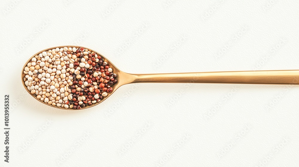 A stylish golden spoon filled with an array of colorful quinoa seeds, perfect for healthy cooking and culinary presentations. A stylish golden spoon filled with an array of colorful quinoa seeds, perfect for healthy cooking and culinary presentations.