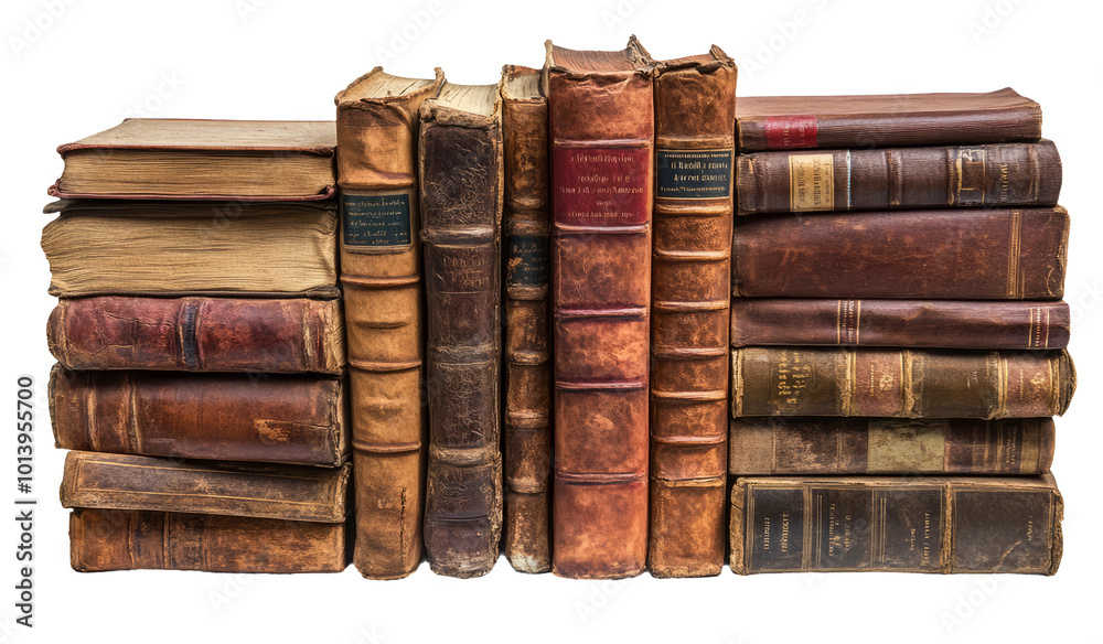 Antique leather-bound books on wooden shelf Antique leather-bound books on wooden shelf
