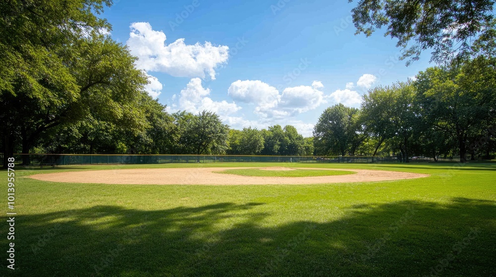 Scenic Baseball Field Under Bright Blue Sky Scenic Baseball Field Under Bright Blue Sky