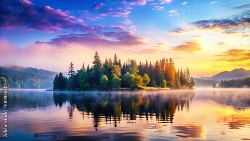 A serene island with a tranquil lake and a breathtaking sunrise.