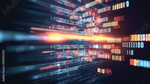 A vibrant digital abstract showcasing binary data flow and light streaks, representing data transmission and technology.