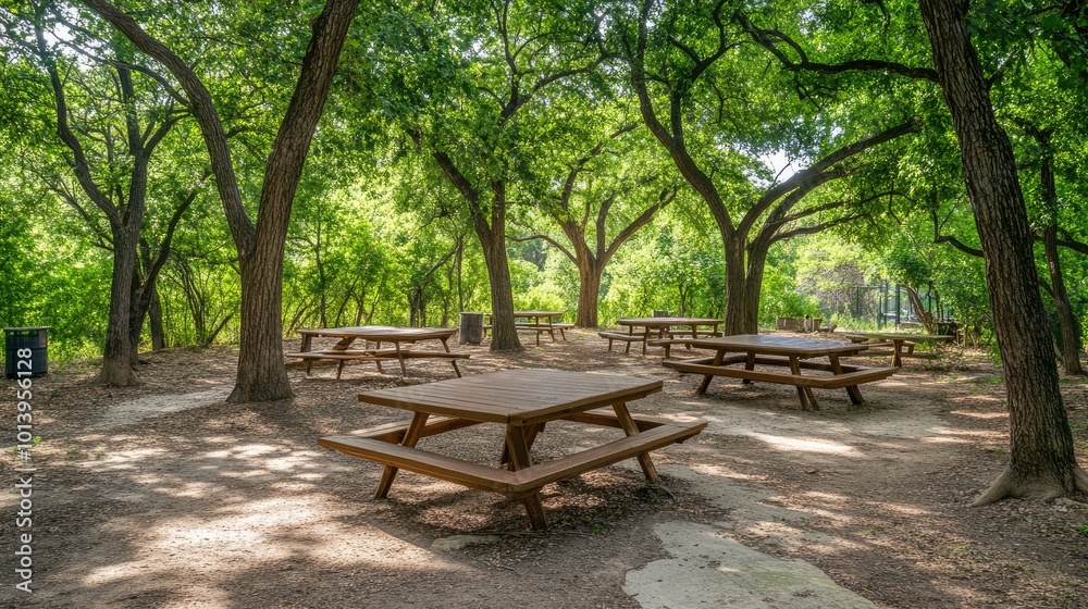 Peaceful Outdoor Picnic Area Surrounded by Trees Peaceful Outdoor Picnic Area Surrounded by Trees