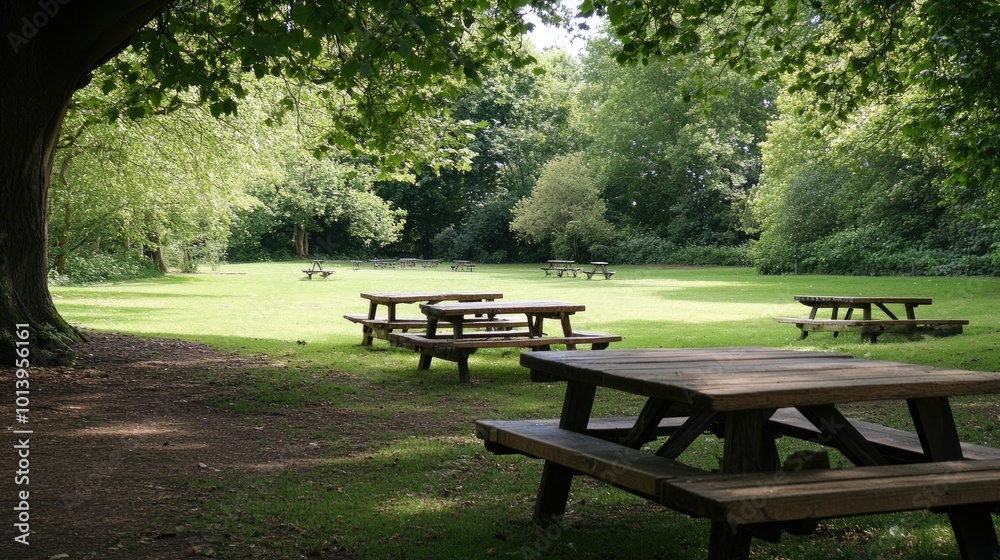 Serene Park Landscape with Picnic Tables Under Trees Serene Park Landscape with Picnic Tables Under Trees