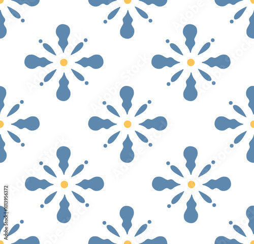 Abstract blue flower art seamless pattern. Trendy geometric contemporary floral shape background illustration. Plant leaves artwork wallpaper print. Vintage spring vector texture.