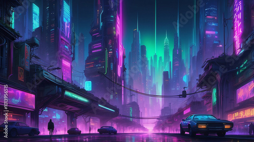 Futuristic Cyberpunk Cityscape with Neon Lights at Night