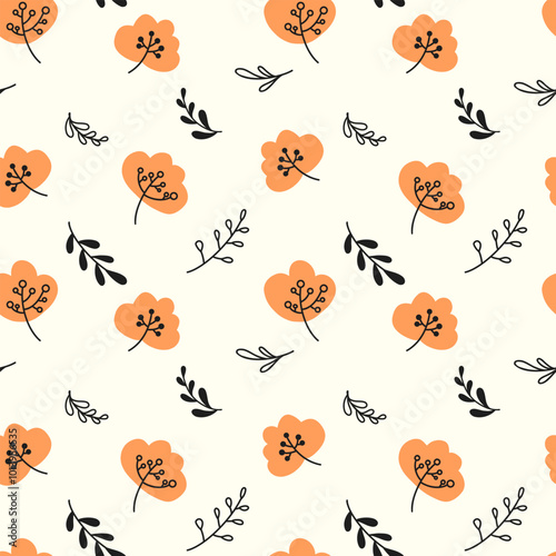 Seamless floral pattern, print of autumn flowers. Cute botanical design: small hand drawn fall plants, tiny leaves in an abstract composition on a white background. Vector illustration