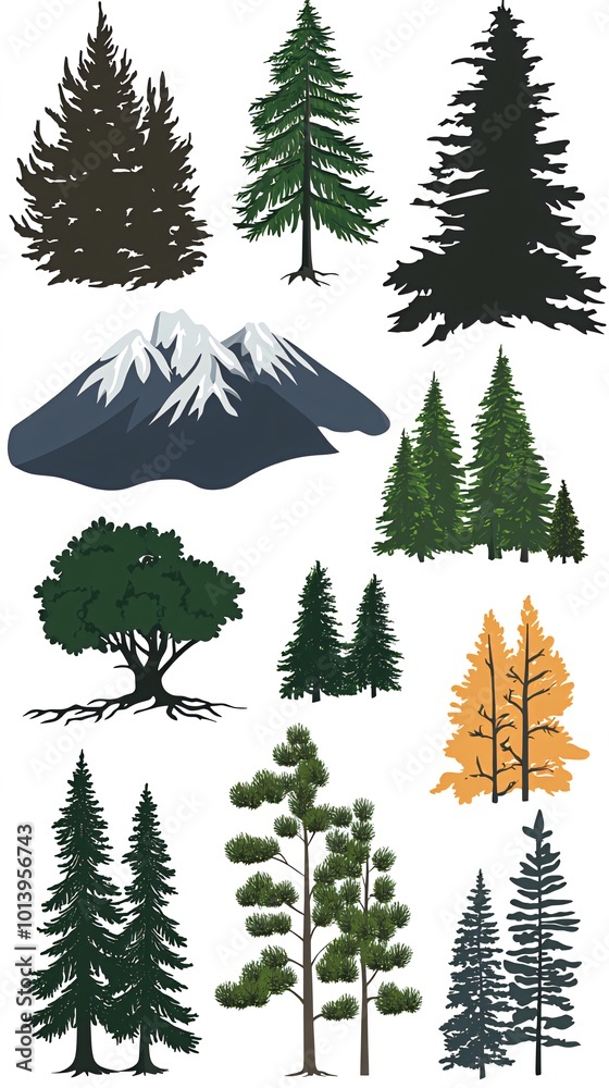 Fototapeta premium Collection of various tree and mountain silhouettes on white background.