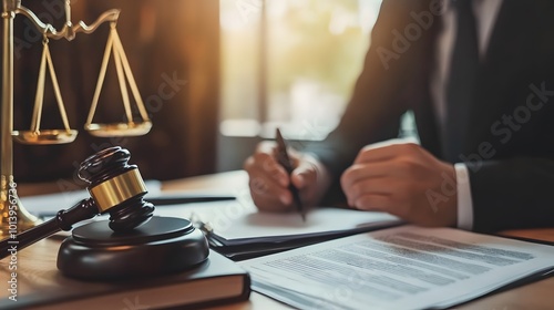 A lawyer, legal advisor, and businessman are gathered around a table, intensely reviewing documents and discussing key points photo