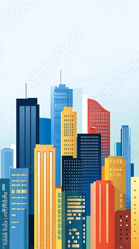 Colorful cityscape silhouette with modern skyscrapers.