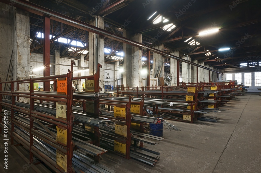 Steel storage with bar stock, agricultural machinery, Middle Franconia, Bavaria, Germany, Europe Steel storage with bar stock, agricultural machinery, Middle Franconia, Bavaria, Germany, Europe