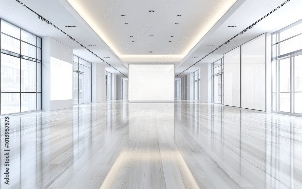 Fototapeta premium A spacious, modern interior with polished floors and large windows, suitable for exhibitions or gatherings.