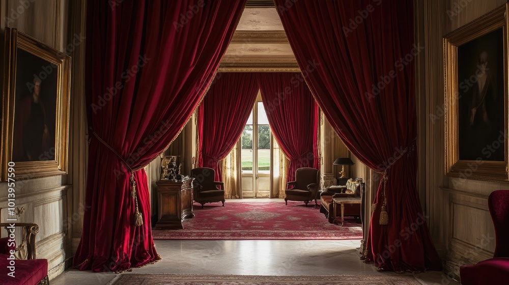 Elegant Interior with Rich Red Drapes and Classic Decor Elegant Interior with Rich Red Drapes and Classic Decor