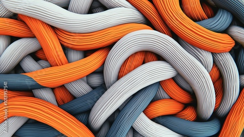 Colorful abstract design featuring intertwined strands in orange, gray, and blue. Perfect for modern art or textile concepts.