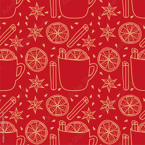 Seamless vector illustration print with igredients for making mulled wine holiday autumn winter mood wallapaper Christmas background 