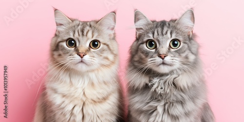 Two cats with long fur are sitting next to each other on a pink background. The cats have green eyes and are looking at the camera