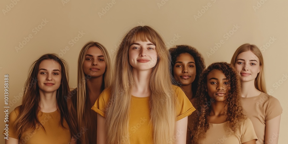 Fototapeta premium A group of women with long hair are posing for a photo. Scene is cheerful and positive, as the women are smiling and looking at the camera