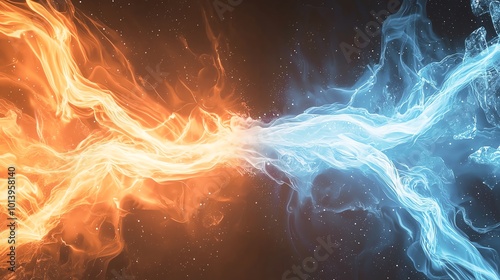 Dynamic clash of orange and blue flames representing energy and contrast, perfect for backgrounds and digital art.