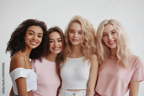 Four women with different hair colors and styles are smiling for the camera. Scene is happy and friendly, as the women are posing together and enjoying each other's company