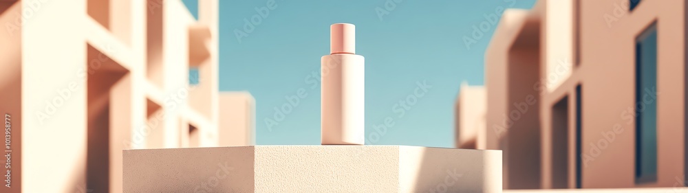 Modern architectural display featuring a sleek bottle amidst minimalistic structures under a clear blue sky. Modern architectural display featuring a sleek bottle amidst minimalistic structures under a clear blue sky.