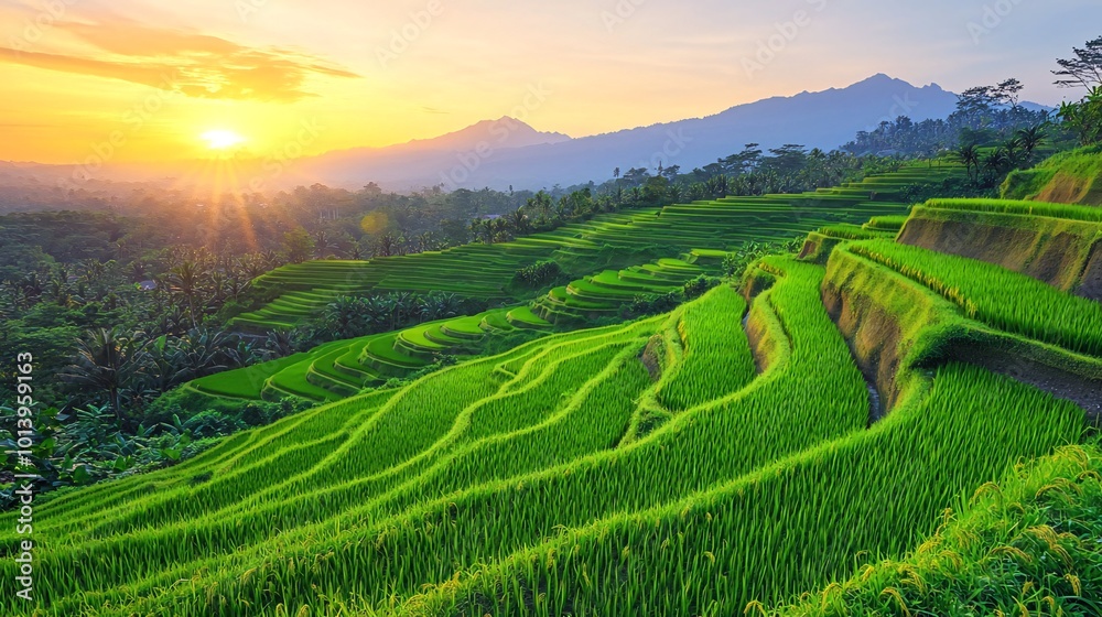 Fototapeta premium Lush green rice terraces in a mountainous region with a stunning sunrise.