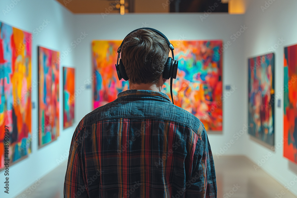 Art Gallery Visitor Contemplating Abstract Paintings Art Gallery Visitor Contemplating Abstract Paintings