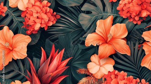 Vibrant tropical floral pattern featuring lush leaves and bright orange flowers, perfect for design and nature themes.