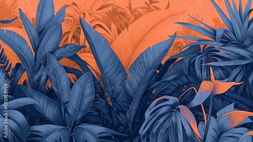 Vibrant tropical foliage featuring deep blue leaves against a warm orange backdrop, perfect for design and nature themes.