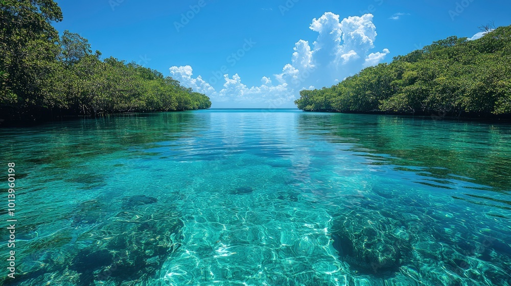 Tranquil Lagoon With Clear Turquoise Water and Lush Green Mangrove Trees Tranquil Lagoon With Clear Turquoise Water and Lush Green Mangrove Trees