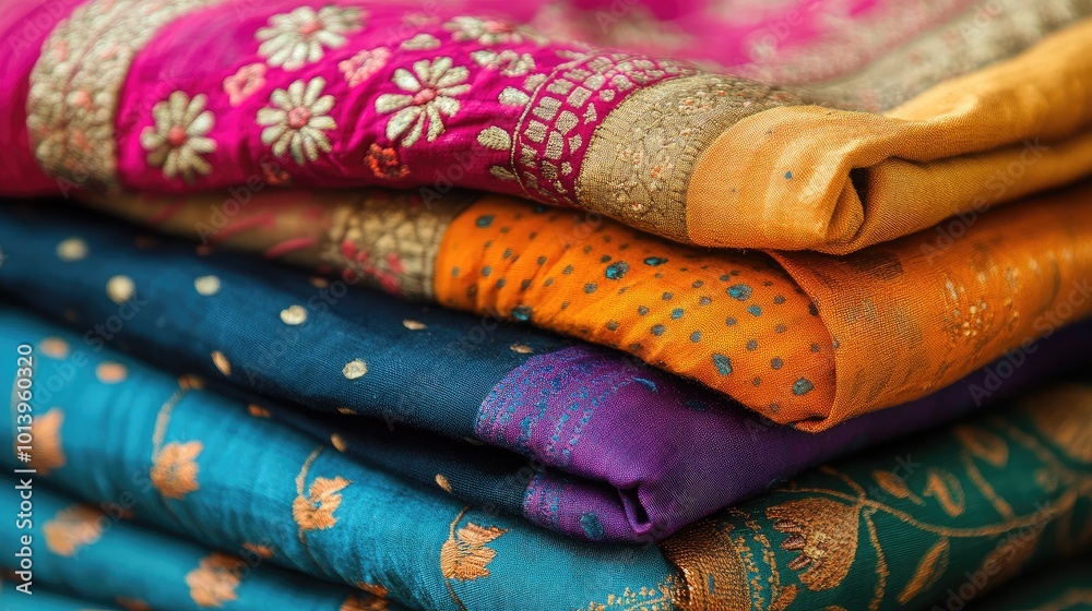 Brightly colored sari folded neatly on a clean background, focusing on the detailed embroidery and fabric texture. Brightly colored sari folded neatly on a clean background, focusing on the detailed embroidery and fabric texture.