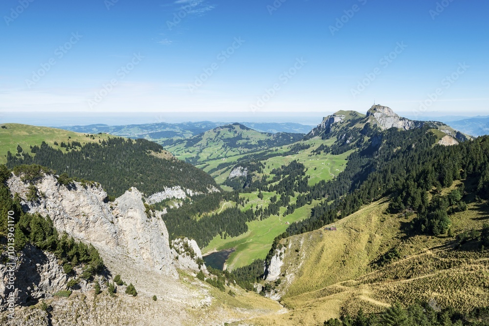 Fototapeta premium View of the Appenzell Alps as seen from the geological mountain trail, Hoher Kasten mountain, 1794m, on the right, and the Alp Sigel on the left, canton of Appenzell Inner-Rhodes, Switzerland, Europe