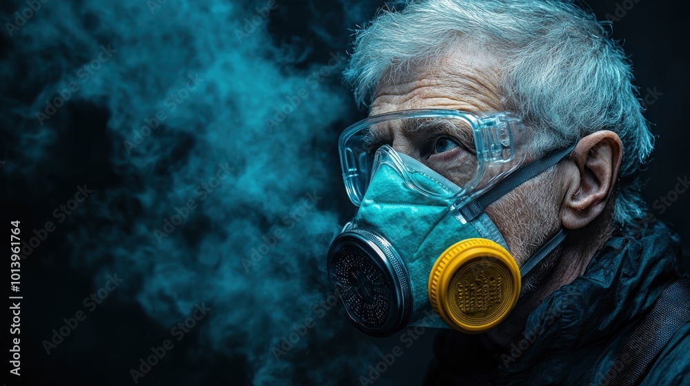 Senior Man Wearing a Gas Mask in Smoky Environment Senior Man Wearing a Gas Mask in Smoky Environment