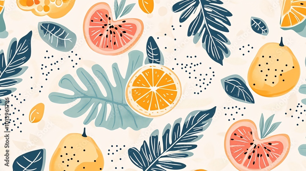 Seamless pattern with tropical fruits and leaves in a vibrant color palette. Seamless pattern with tropical fruits and leaves in a vibrant color palette.