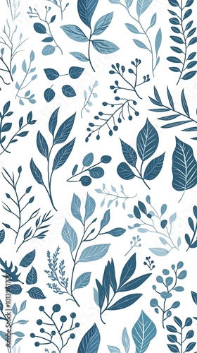 Seamless pattern with blue leaves and branches on white background.