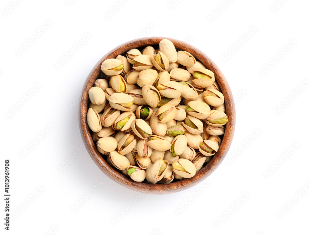 Tasty pistachio nuts in bowl isolated on white, top view Tasty pistachio nuts in bowl isolated on white, top view