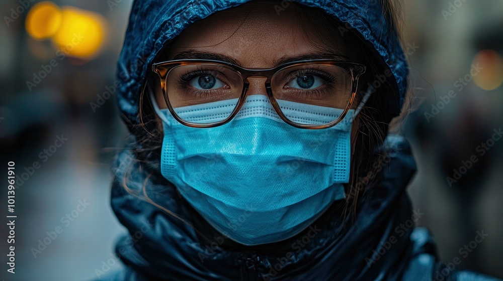 Woman Wearing Face Mask and Glasses in Urban Environment Woman Wearing Face Mask and Glasses in Urban Environment