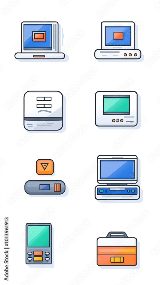 Set of 8 retro tech icons in flat style.