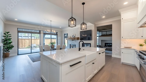 Light home kitchen interior with bar counter, sink, and kitchenware on shelves