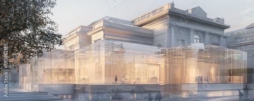 A detailed view of a historical museum expansion that uses transparent materials to contrast and highlight the original buildinga??s features photo