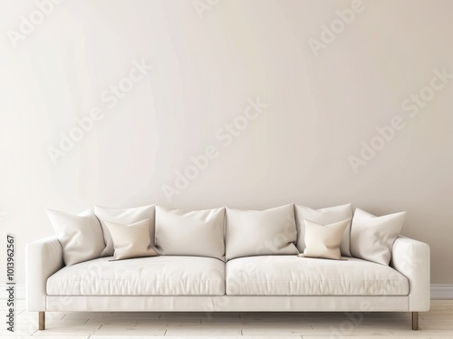 Minimalist living room interior with a white sofa and pillows against a blank white wall. Perfect for showcasing interior design or adding your own design elements.