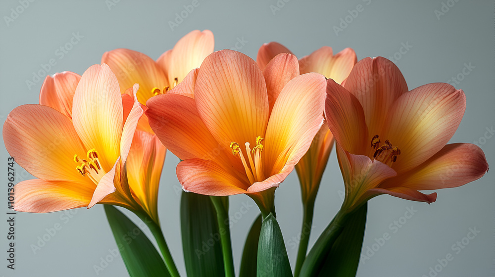 A bouquet of peach and yellow tulips arranged gracefully against a soft gray background to brighten any space during spring A bouquet of peach and yellow tulips arranged gracefully against a soft gray background to brighten any space during spring