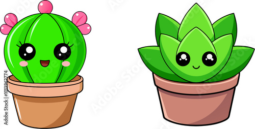 Cute kawaii succulent and cacti plant in flower pot