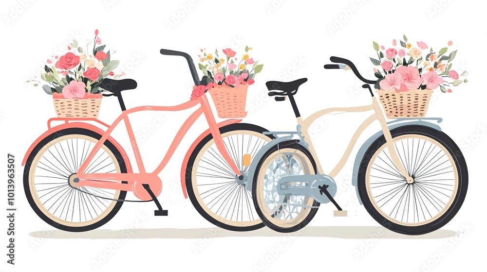 Fototapeta premium Two bicycles with baskets full of flowers, one pink and one blue.