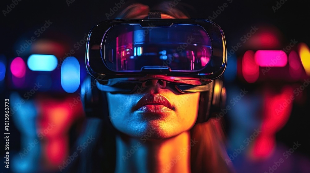 A person wearing a virtual reality headset, immersed in a digital world with colorful lights in the background. A person wearing a virtual reality headset, immersed in a digital world with colorful lights in the background.