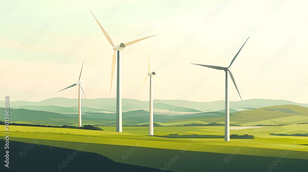 Wind turbines stand tall in a grassy field against a backdrop of rolling hills. Wind turbines stand tall in a grassy field against a backdrop of rolling hills.