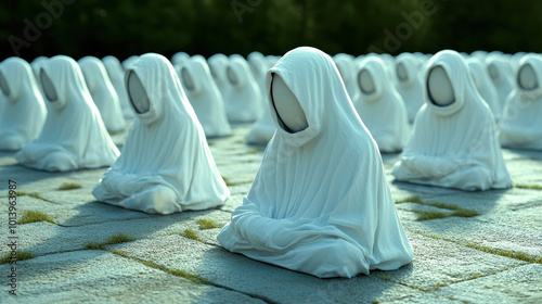 A serene assembly of faceless figures in white robes seated in contemplation amidst nature. photo