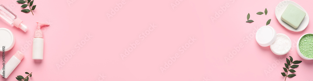 Cosmetic products on pink background, flat lay. Banner design with space for text Cosmetic products on pink background, flat lay. Banner design with space for text