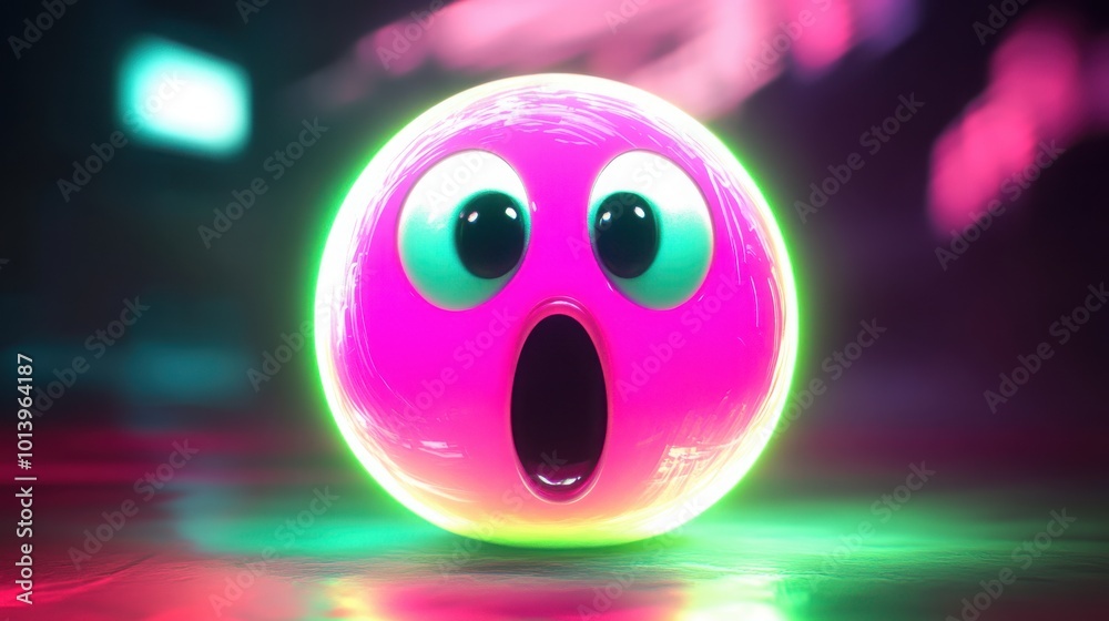 Naklejka premium A surprised emoji, glowing in neon pink and green, with large, shocked eyes and an open mouth. The vibrant neon light creates a sharp HD effect