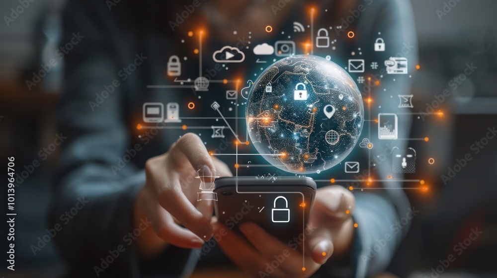 a man holding a Smartphone with Globe, Finance, Cloud Computing, and Security Icons, mobile banking or online financial technology concept a man holding a Smartphone with Globe, Finance, Cloud Computing, and Security Icons, mobile banking or online financial technology concept