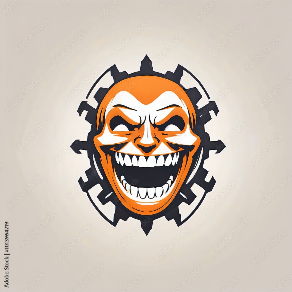 A vibrant orange clown face with sharp teeth and a mechanical backdrop, symbolizing a fusion of joy and menace in a unique art style A vibrant orange clown face with sharp teeth and a mechanical backdrop, symbolizing a fusion of joy and menace in a unique art style