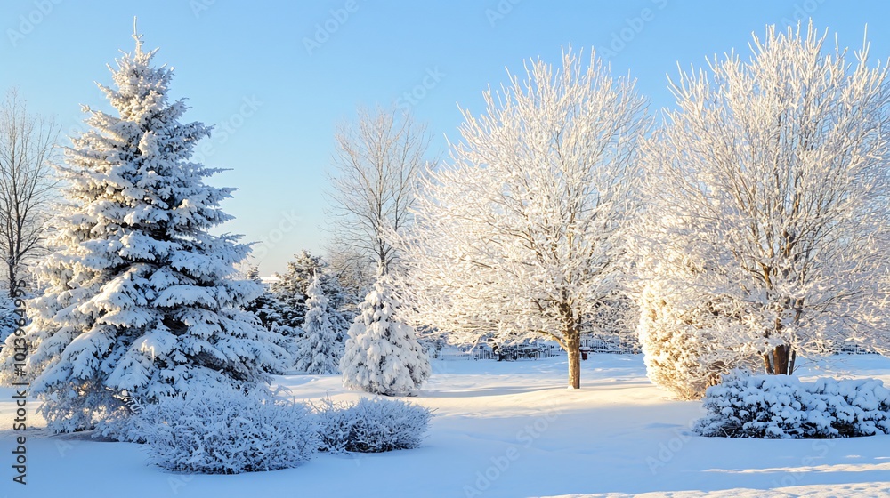 A snowy winter landscape with snow-covered trees and a clear blue sky. A snowy winter landscape with snow-covered trees and a clear blue sky.
